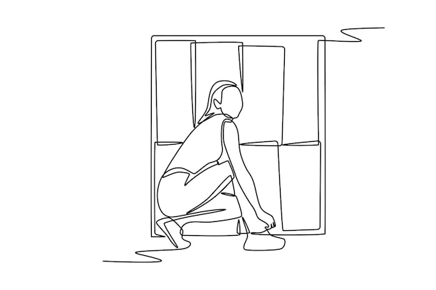 Mujer atando zapatos frente a los casilleros del gimnasio Concepto de casilleros de gimnasio dibujo en línea
