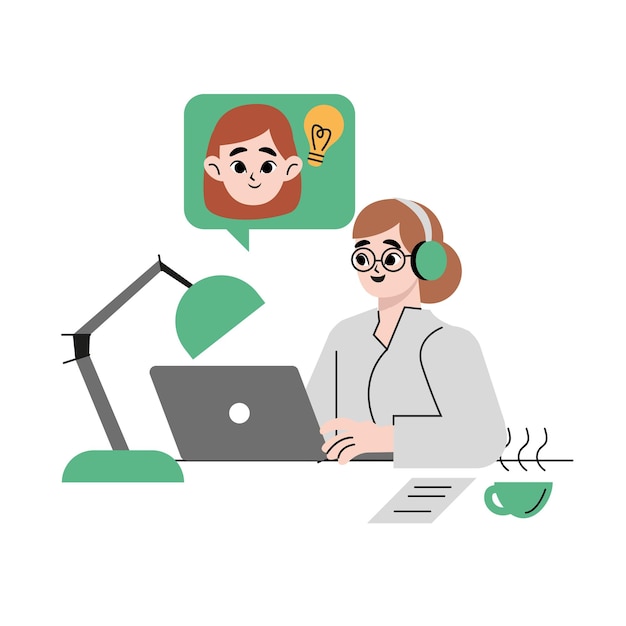 Mujer de atención al cliente que maneja llamadas. Ilustración de vector plano aislado sobre fondo blanco