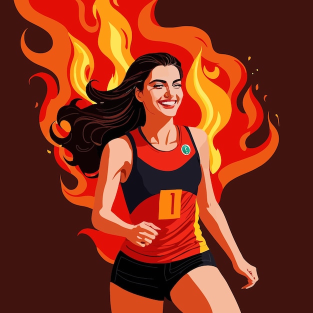 Vector una mujer atleta sonriente y segura en llamas. ilustración de vector de éxito caliente.