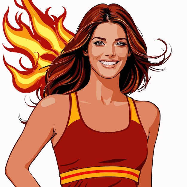 Una mujer atleta sonriente y segura en llamas. ilustración de vector de éxito caliente.
