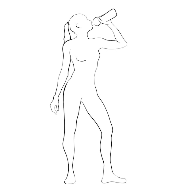 Vector mujer atlética sosteniendo una botella de agua y bebiendo después del deporte. ilustración de silueta vectorial