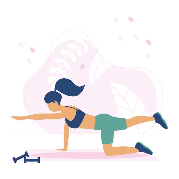 Una mujer atlética se para en un tablón sobre un brazo y una pierna. Hacer fitness en una colchoneta de yoga rosa