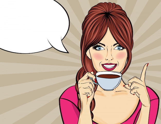 Mujer atractiva del arte pop con la taza de café. Cartel publicitario en estilo comic. Vector