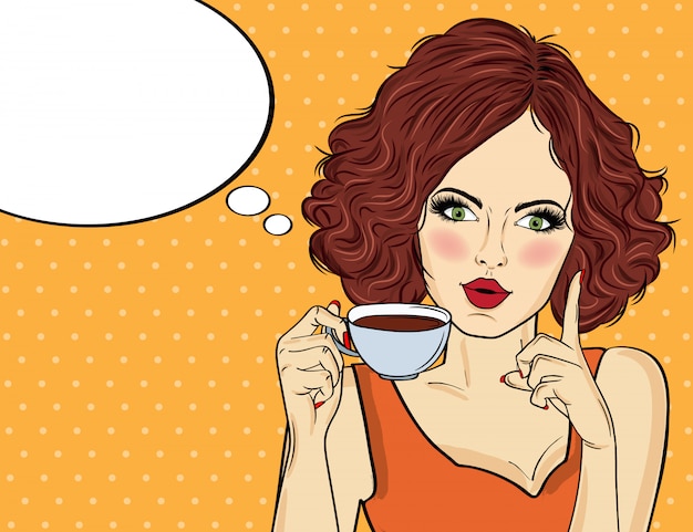 Mujer atractiva del arte pop con la taza de café. Cartel publicitario en estilo comic. Vector