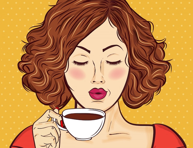 Mujer atractiva del arte pop con la taza de café. Cartel publicitario en estilo comic. Vector