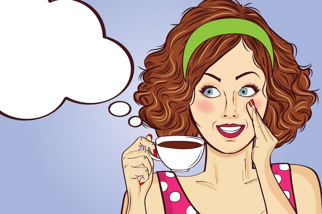 Mujer atractiva del arte pop con la taza de café. Cartel publicitario en estilo comic. Vector