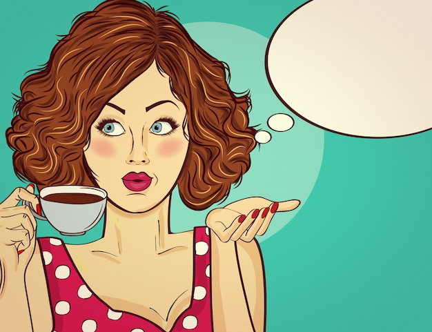 Mujer atractiva del arte pop con la taza de café. Cartel publicitario en estilo comic.