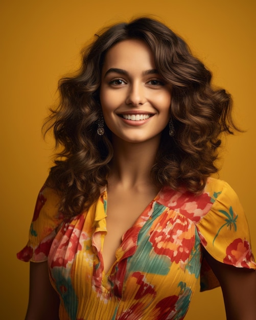 Una mujer atractiva con el cabello rizado con un vestido colorido