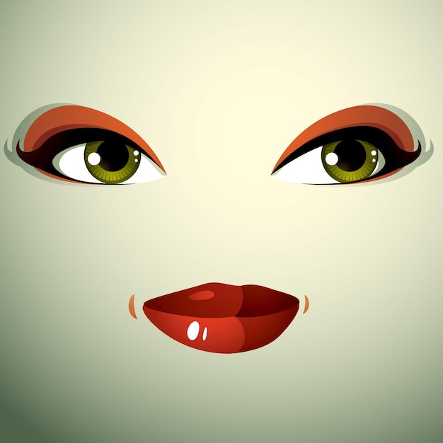 Vector mujer atractiva con maquillaje elegante y brillante. sexy dama caucásica desconfiada. ojos y labios humanos que reflejan emociones, dudas.