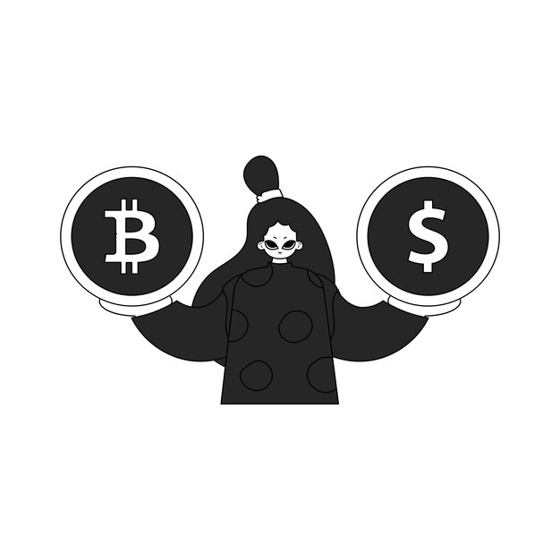 Una mujer atractiva sostiene una moneda de bitcoin y dólar de estilo lineal en blanco y negro