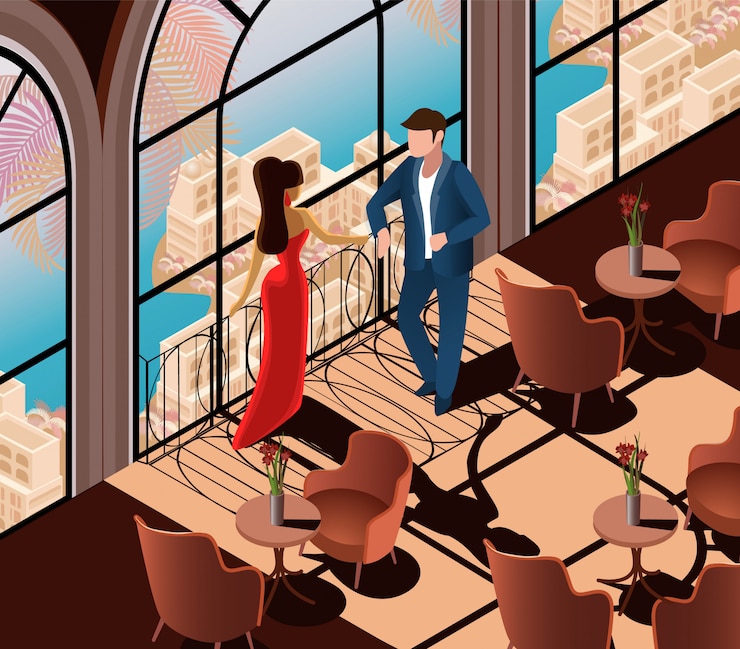 Vector mujer atractiva en vestido rojo hombre en traje