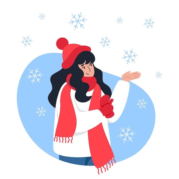Mujer atrapa copos de nieve con su mano, paseo invernal, humor navideño