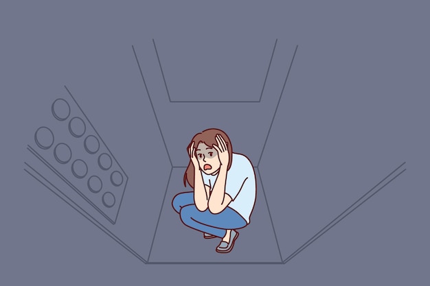 Vector mujer atrapada en ascensor tiene claustrofobia y ataque de pánico por fobia a los espacios cerrados