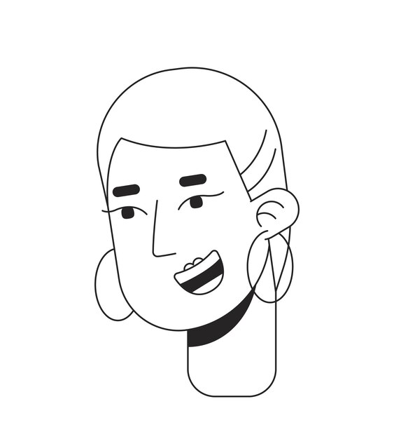 Vector mujer audaz con aros pendientes negro y blanco línea 2d cabeza de personaje de dibujos animados mujer no conformista de pelo corto contorno vectorial aislado cara de persona ilustración de punto plano monocromático alegre