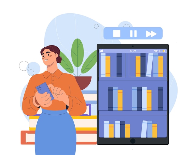Mujer con audiolibro joven cerca de pila de libros y tableta con estanterías digitales en línea