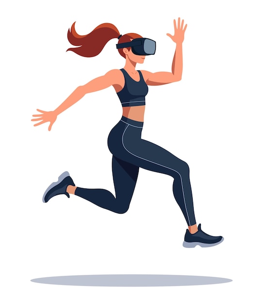 Mujer con auricular de realidad virtual corriendo en postura Ilustración vectorial aislada