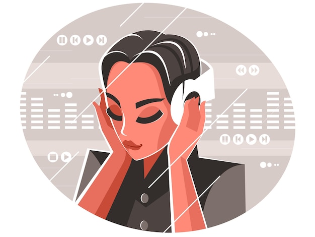 Vector mujer con auriculares chica bonita escuchando música con sus auriculares