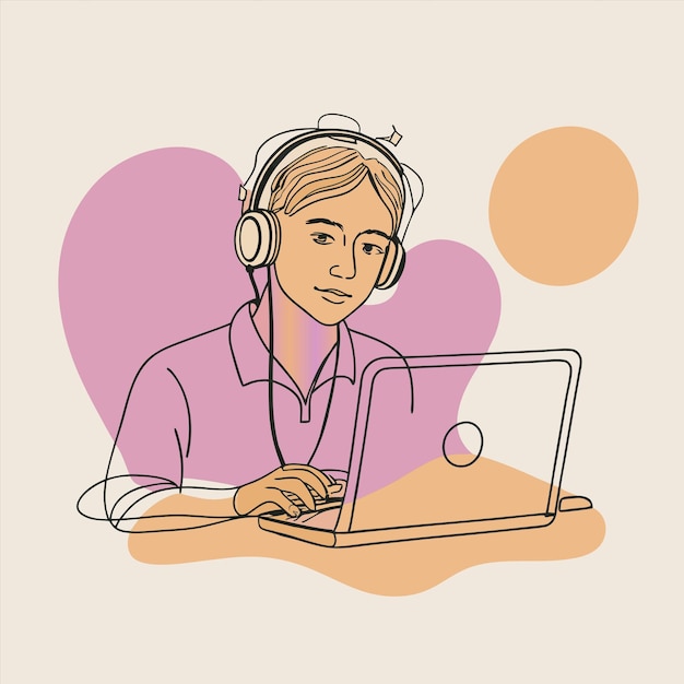 una mujer con auriculares y una computadora portátil con un círculo rosa y naranja en el fondo
