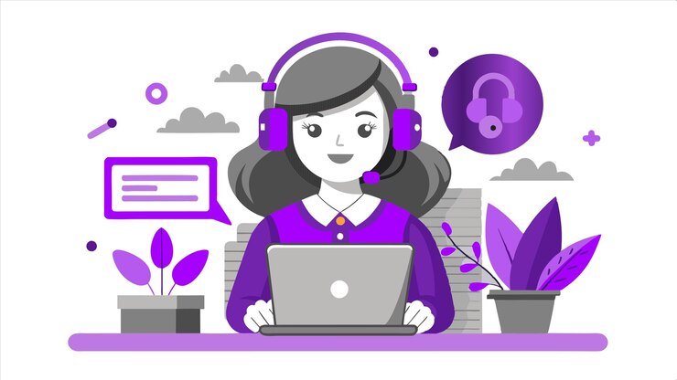 Vector una mujer con auriculares y una computadora portátil en la mano