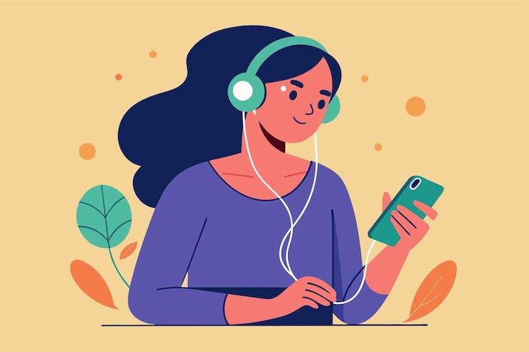 Vector una mujer con auriculares escucha música en su teléfono una mujer escuchando música sonando en el teléfono ilustración vectorial plana simple y minimalista