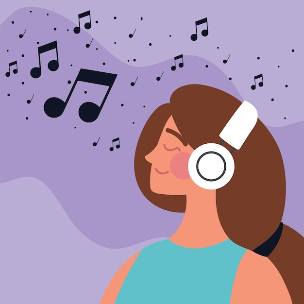 Vector mujer con auriculares escuchando música