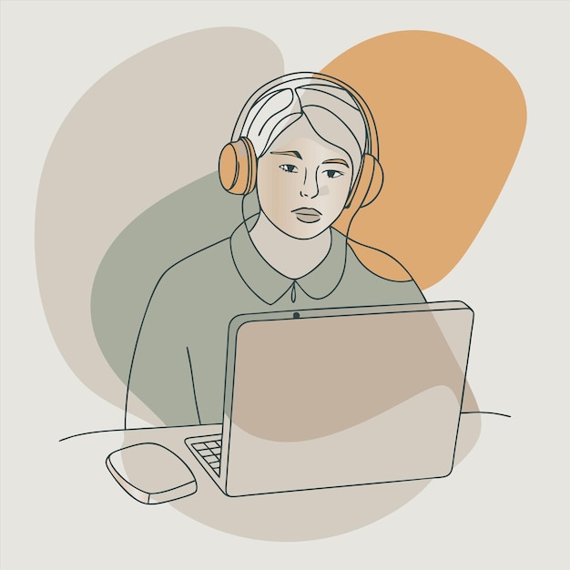 una mujer con auriculares y una pantalla de computadora con un fondo amarillo