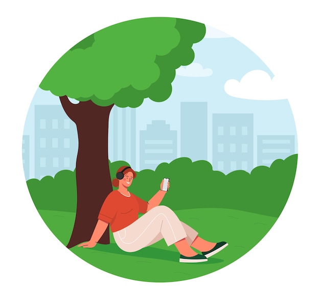 Mujer con auriculares en el parque niña con jugador personaje al aire libre escuchar música y favorito