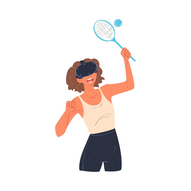 Mujer con auriculares de realidad virtual jugando al tenis inmersa en una ilustración vectorial del mundo abstracto de realidad virtual