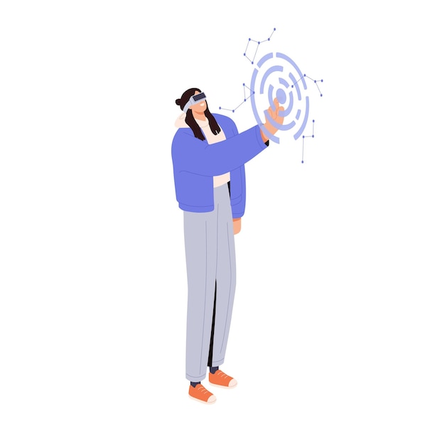 Mujer en auriculares VR estudiando ciencia en el ciberespacio Educación en realidad virtual Persona en gafas 3d en simulación de aprendizaje interactivo Ilustración de vector gráfico plano aislada sobre fondo blanco