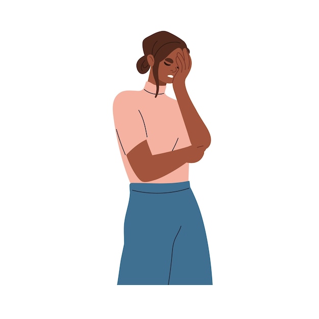 Mujer avergonzada avergonzada en frustración. Persona escondiendo la cara con gesto de facepalm. El personaje femenino olvidó, falló, sintió vergüenza, culpa. Ilustración de vector plano aislado sobre fondo blanco.