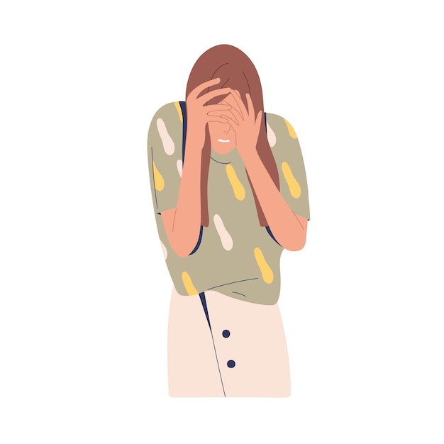 Mujer avergonzada escondiendo su rostro, lamentando el fracaso. Persona tímida molesta sintiendo vergüenza después de fallar. Mujer con emoción negativa de desesperación. Ilustración de vector plano aislado sobre fondo blanco