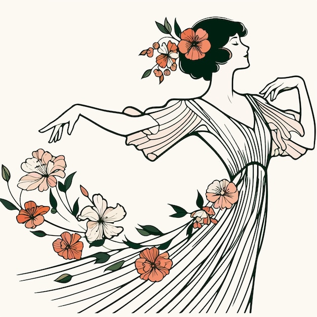 Vector mujer bailando con flores extendidas en estilo art nouveau