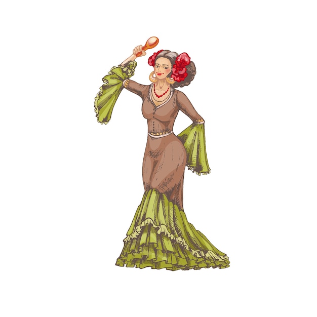 Mujer bailando con maracas. Ella está vestida con ropa nacional mexicana. Grabado de época