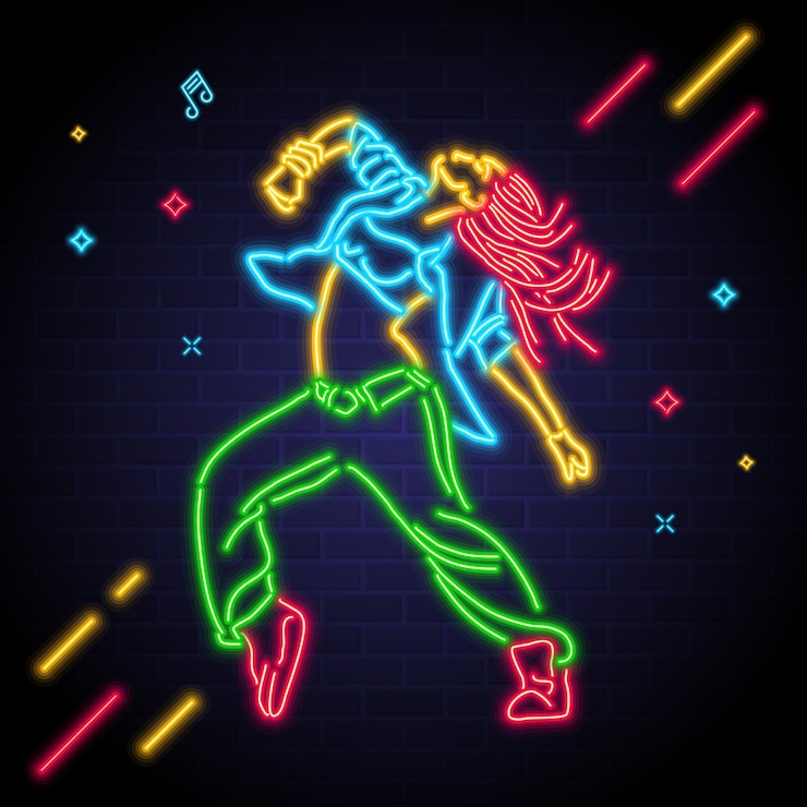 Vector mujer bailarina con elementos dinámicos de neón.