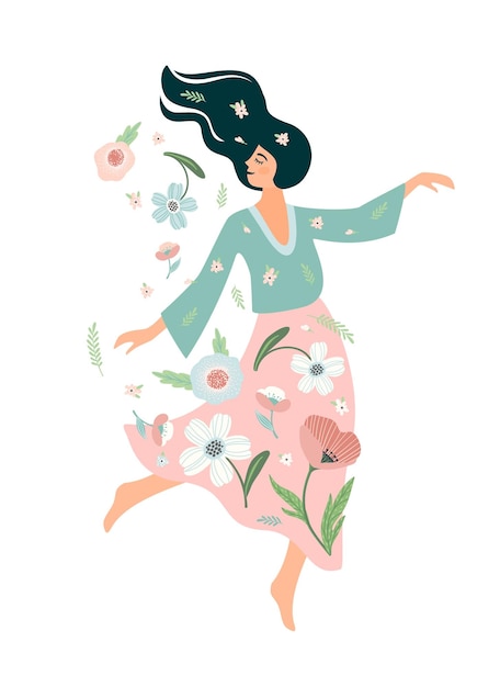 Vector mujer, bailes, con, flowersself, cuidado, uno mismo, amor, armonía, aislado, ilustración