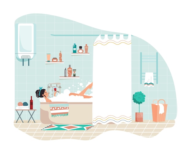 Mujer bañándose en casa hermosa chica relajarse con una copa de vino solo ilustración vectorial