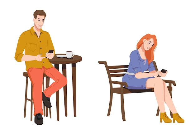 Vector mujer en un banco y hombre en café con smartphones