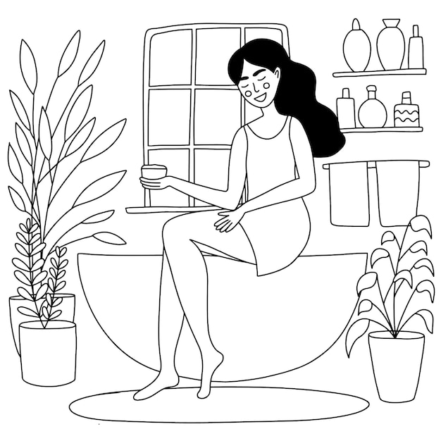 Mujer en el baño aplicando crema corporal página de colorear vectorial