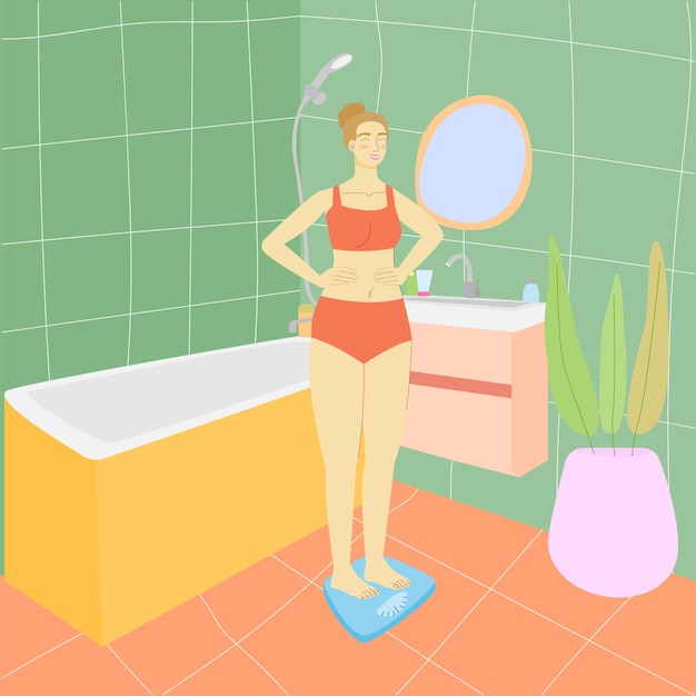 Vector mujer en el baño niña en una toalla en el baño baño interior báscula de piso