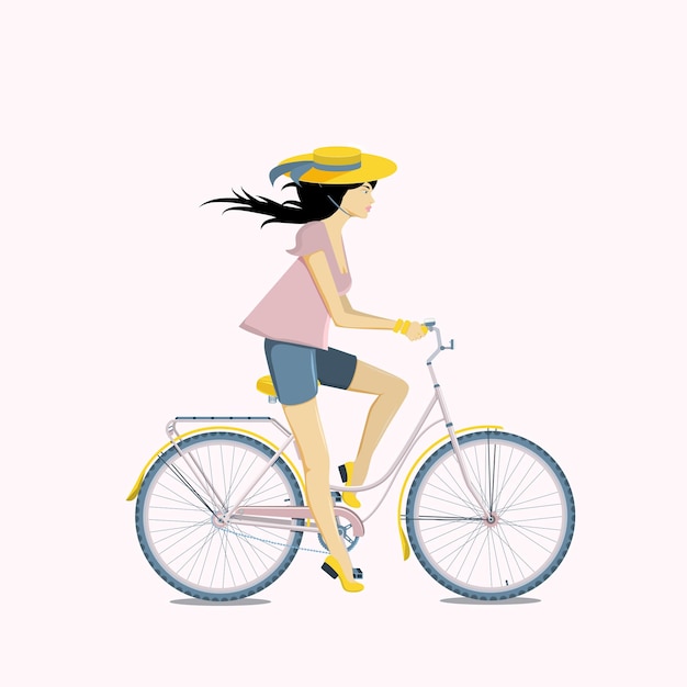 Mujer bastante joven en bicicleta. ilustración de vector plano.