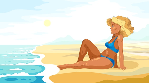 Mujer bastante sexy en la playa de la orilla del mar con bikini tranquila relajándose y descansando mirando al mar posando atractiva adorable chica hermosa en la naturaleza