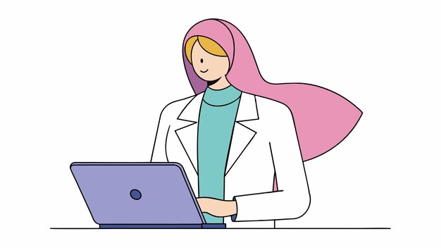 una mujer en una bata de laboratorio está trabajando en una computadora portátil