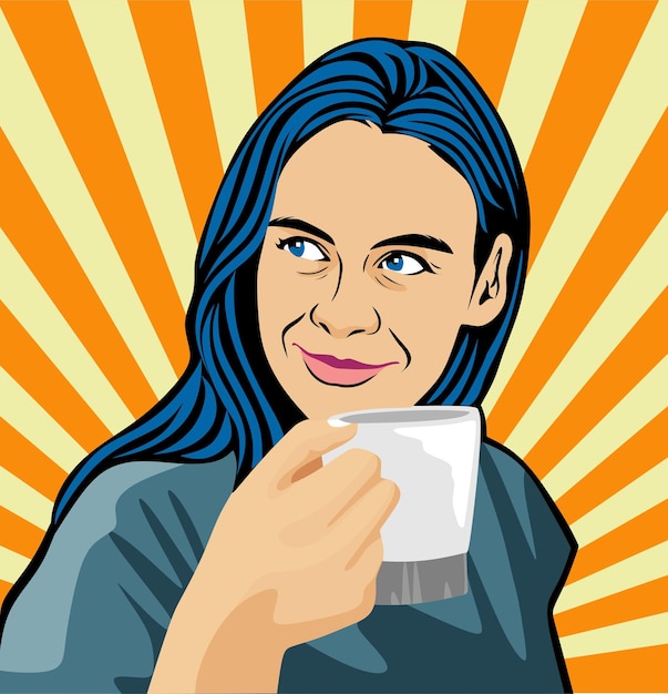 Mujer bebe café en una taza blanca en estilo retro pop art