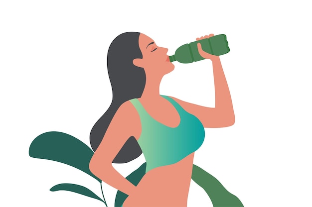 Mujer bebiendo agua botella ilustración vectorial Estilo de vida saludable