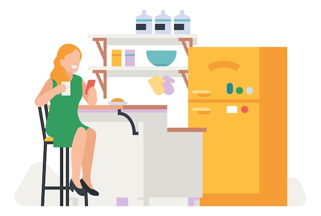 Mujer bebiendo café en el interior de la cocina Desayuno matutino