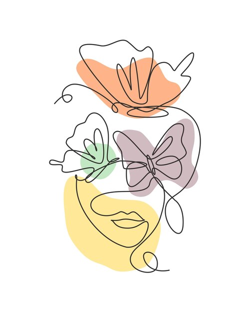 Vector mujer de belleza de dibujo de línea continua única con ilustraciones de mariposas vector de impresión de moda botánica
