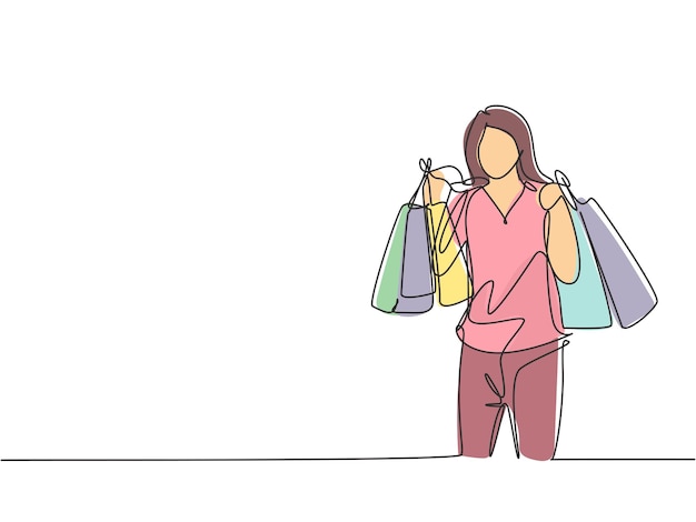 Mujer de belleza de dibujo de una sola línea sosteniendo bolsas de papel después de comprar cosméticos de moda en el vector del centro comercial