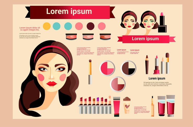 Vector mujer de belleza con maquillaje perfecto hermoso maquillaje profesional productos de salón infografía maquillaje concepto de moda retrato horizontal copia espacio vector ilustración