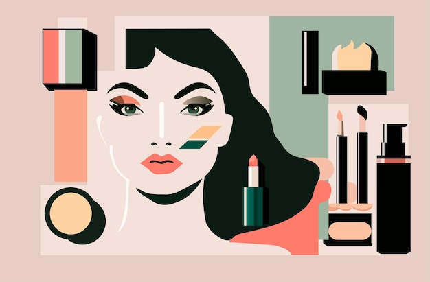 Mujer de belleza con maquillaje perfecto hermoso salón de maquillaje profesional maquillaje concepto de moda horizontal copia espacio retrato vector ilustración