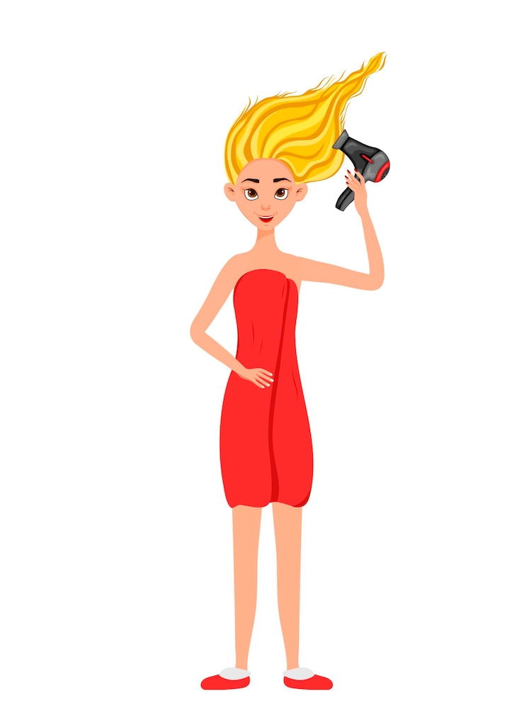 Vector mujer de belleza seca el cabello con un secador de pelo. estilo de dibujos animados. ilustración vectorial.